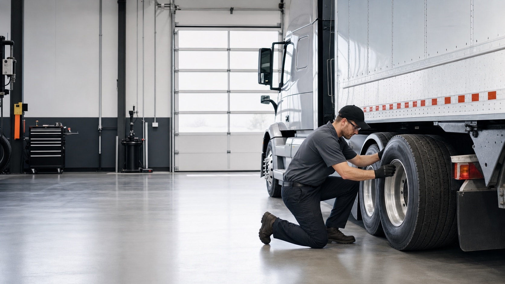 Commercial tire technician servicing a semi truck in a tire shop bay